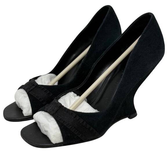 White House Black Market Vidal Black Suede Open Toe Curved Wedge Heels Size 6 - Picture 3 of 12